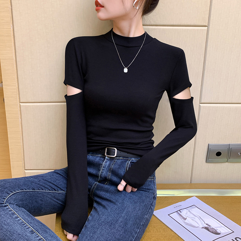【栖媚儿】黑色半高领打底衫女破肘内搭秋季 2024新款紧身洋气上衣