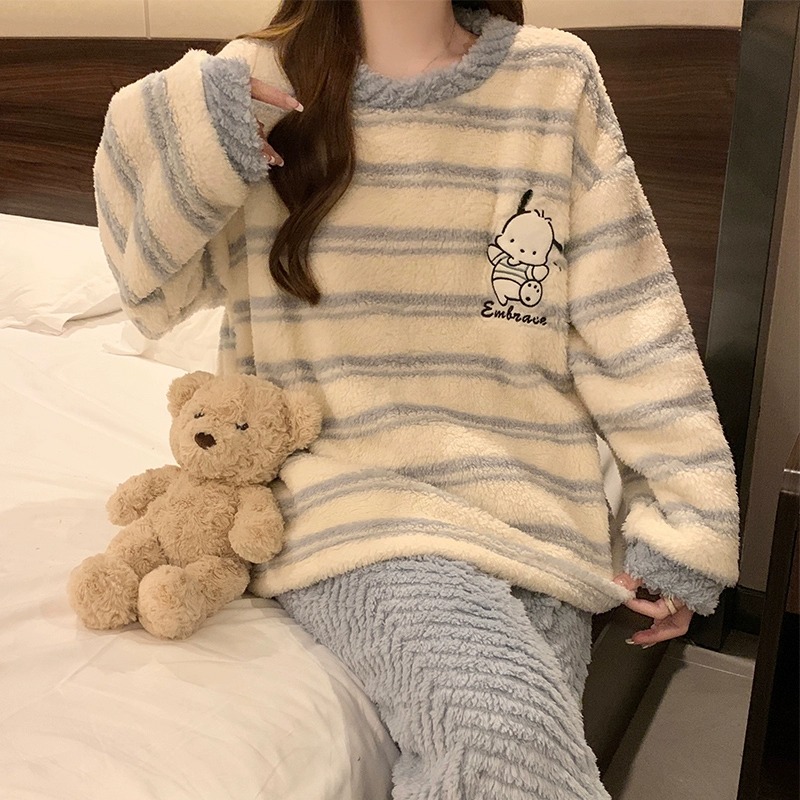 珊瑚绒睡衣女2023秋冬季加厚加绒保暖可外穿法兰绒条纹家居服套装