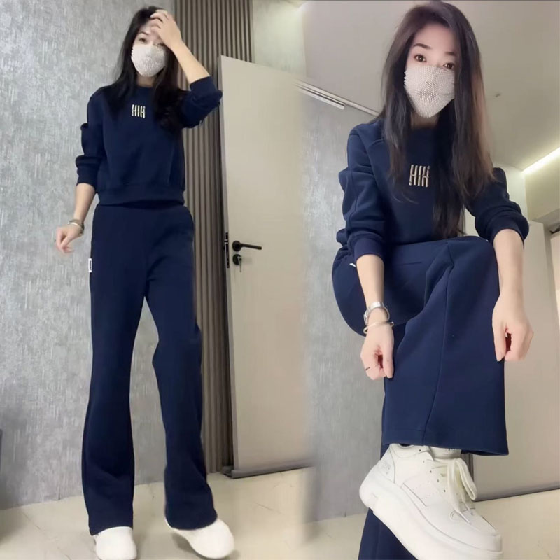 2024秋冬季新款休闲运动套装女加绒加厚卫衣阔腿裤宽松百搭两件套