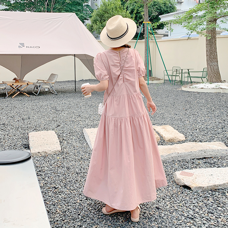 粉色泡泡袖连衣裙女夏季2024新款今年流行法式茶歇甜美显瘦长裙子
