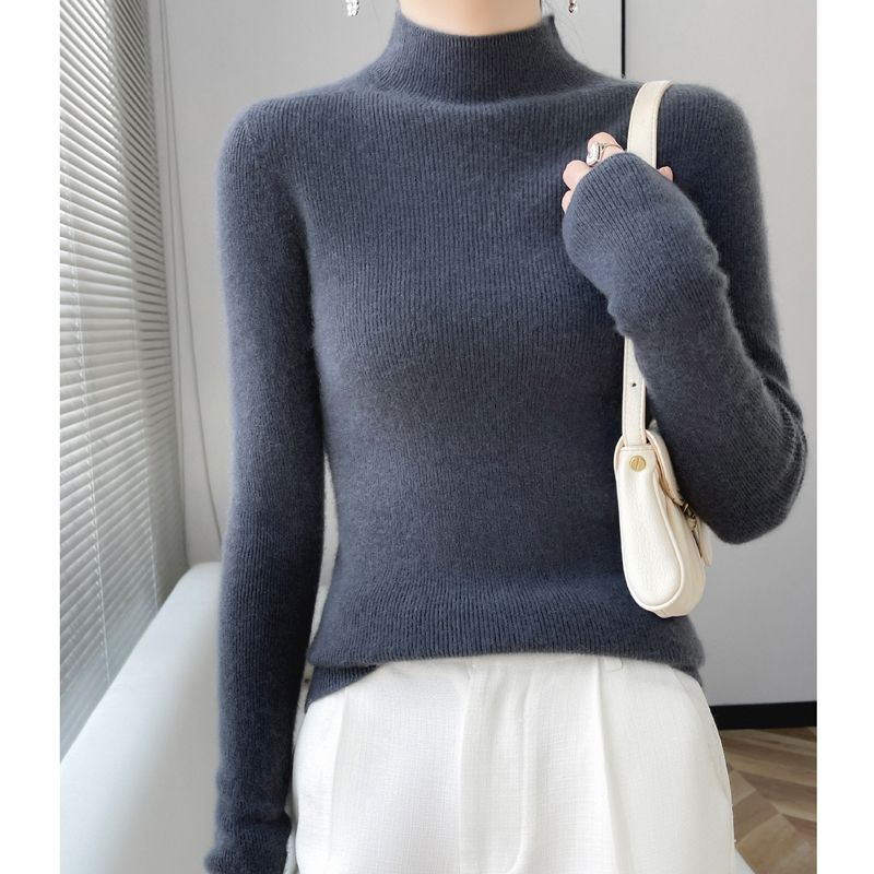 抽条修身款~半高领纯羊毛一线成衣抽条针织衫女士显瘦长袖秋冬款
