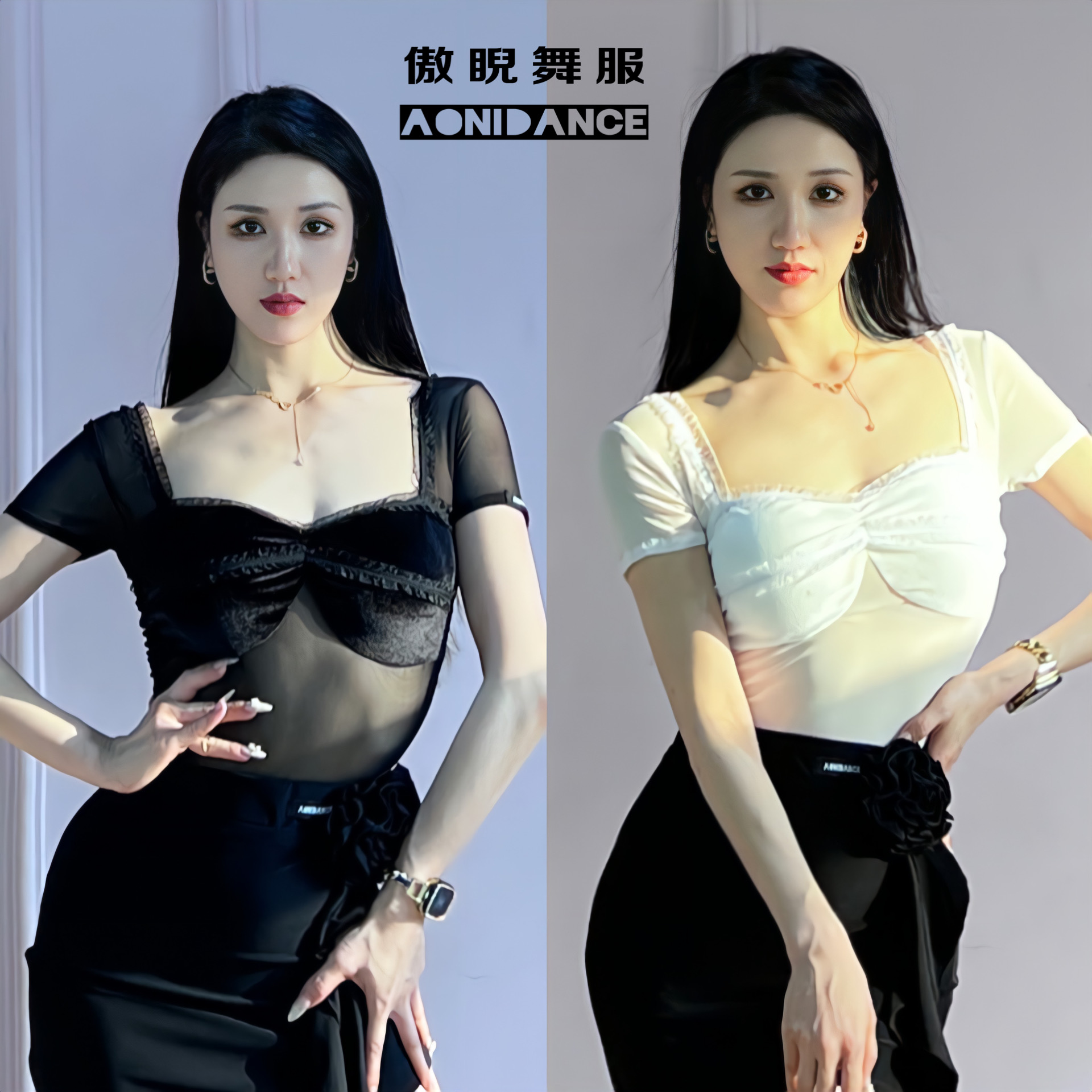 傲睨舞服夏季新品拉丁舞服丝绒网纱拼接款短袖操服自带胸垫Q39