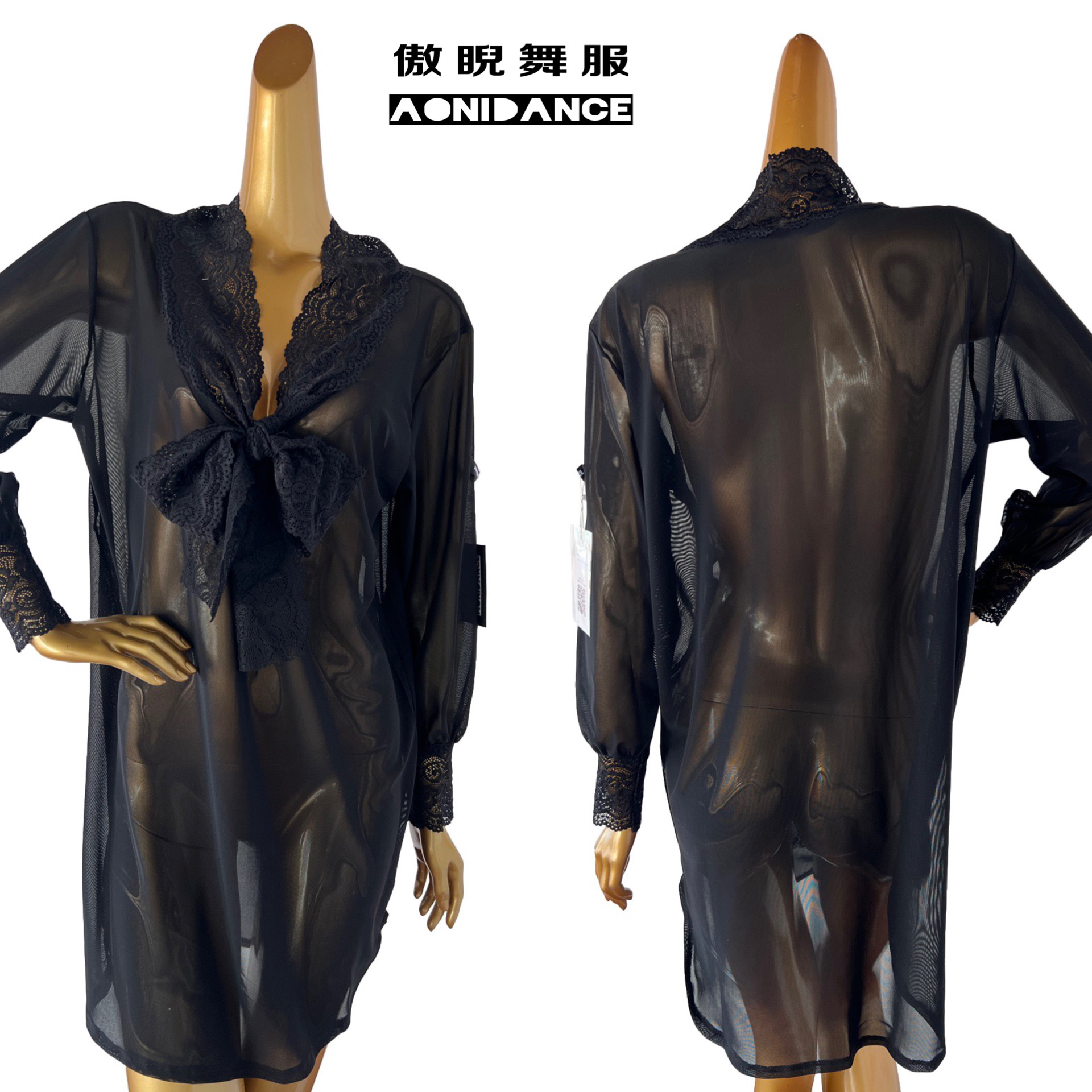 傲睨舞服黑色新款夏季拉丁舞服网纱大衫蕾丝拼接款Q20上衣长袖