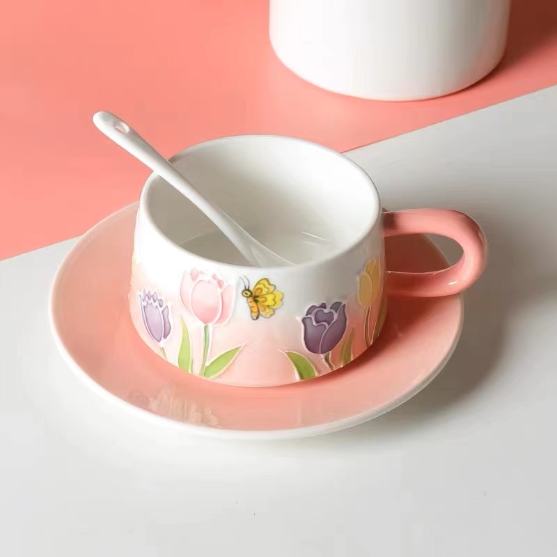 （纯手绘）立体浮雕ins风郁金香情侣咖啡杯陶瓷杯高颜值杯碟套装