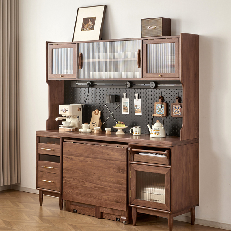 黑胡桃木餐边柜餐桌一体餐桌客厅收纳餐边柜实木酒柜可定做尺寸