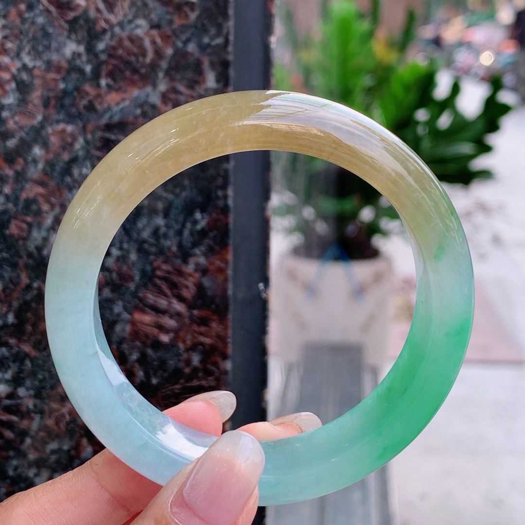 天然翡翠A货玉镯黄加绿正圈女款玉石手镯