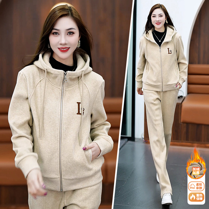 加绒运动套装女秋冬2024新款连帽加厚时尚减龄保暖气质外套两件套