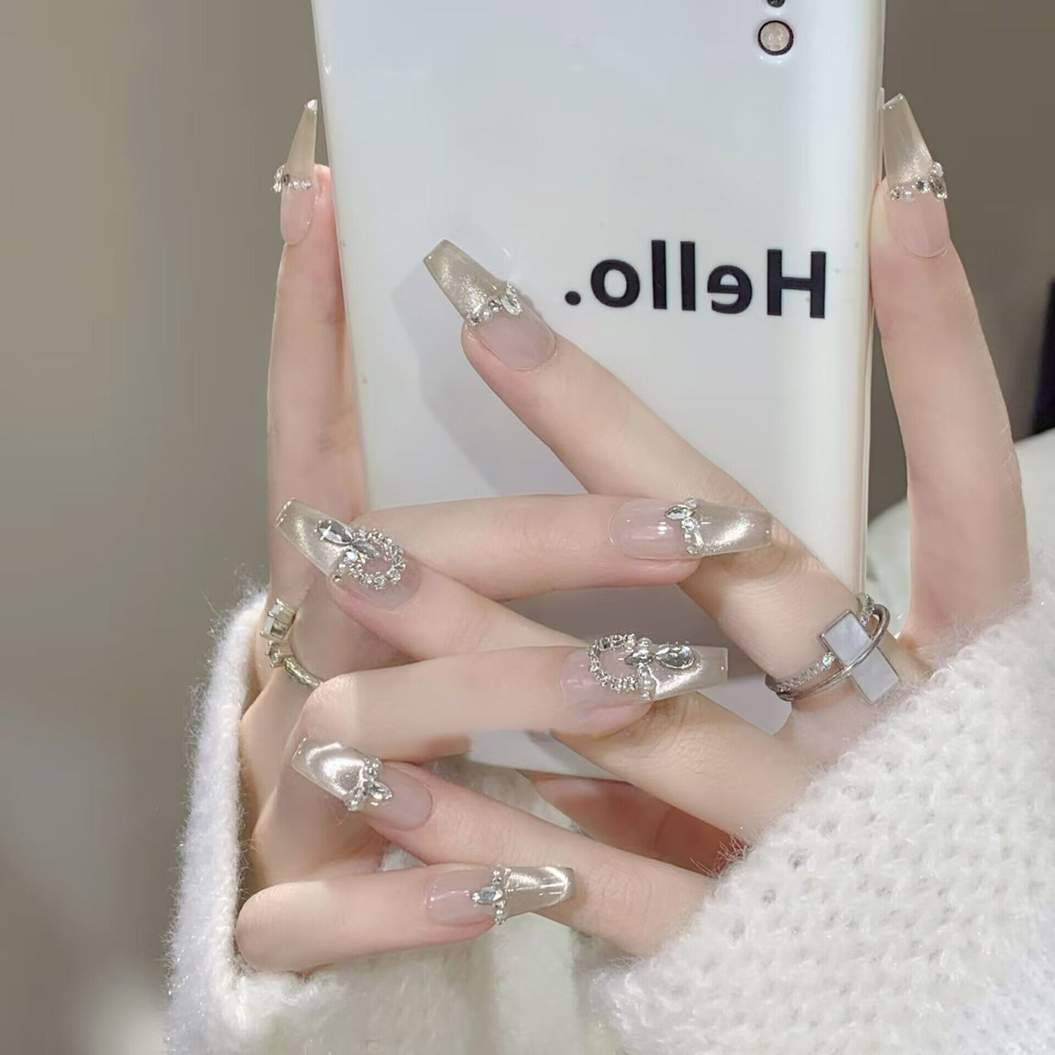 纯手工穿戴甲新款显白法式猫眼爆闪钻希腊公主假指甲精致美甲