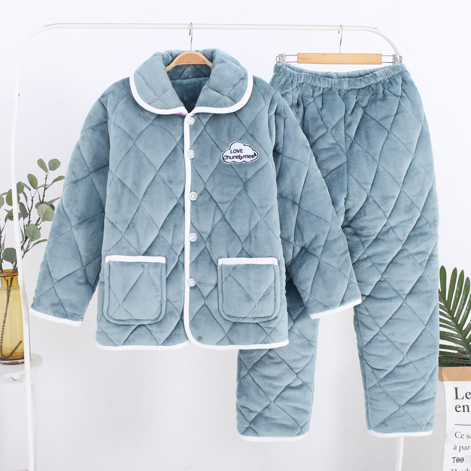 珊瑚绒三层夹棉法兰绒加厚睡衣女士冬天款家居服冬季加绒保暖睡衣