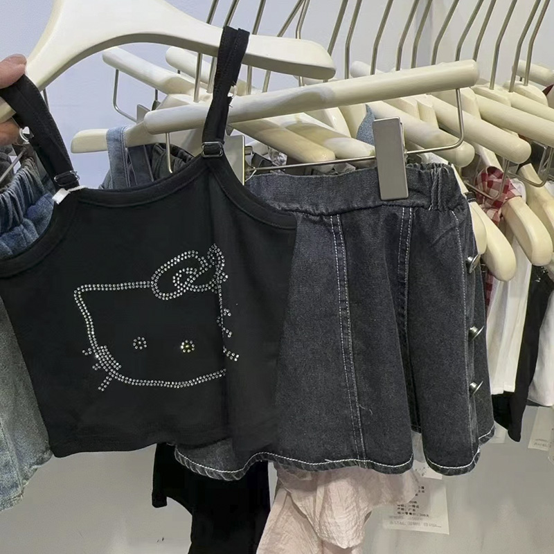 女童套装夏季牛仔裙吊带上衣辣妹短款时尚百搭黑色设计感裤裙套