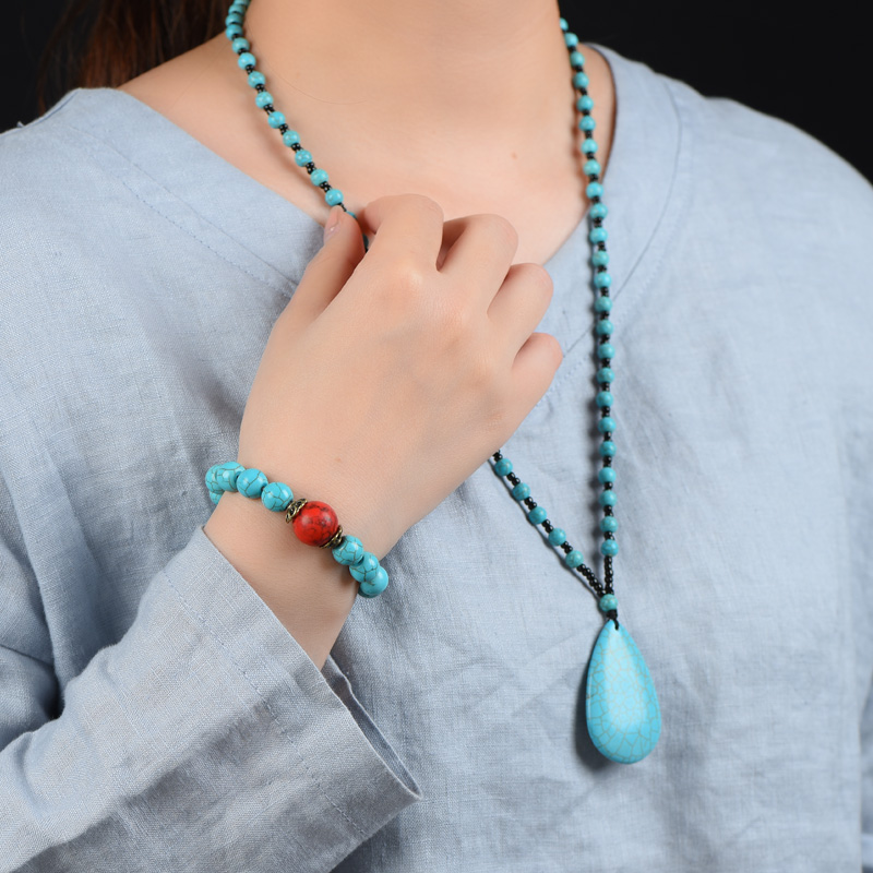 非金属布艺项链 民族风蓝色项链圆珠时尚长款百搭气质毛衣链女款