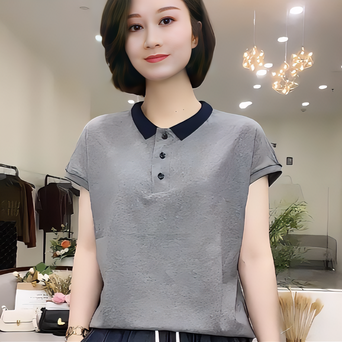 夏季新款翻领条纹短袖气质百搭显瘦简约款洋气减龄设计感上衣时尚