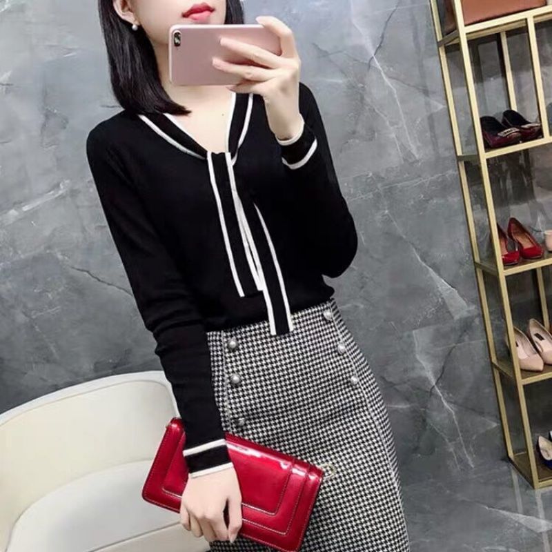 2021针织长袖T恤女外穿学院风系带百搭短款打底衫V领上衣女春秋款