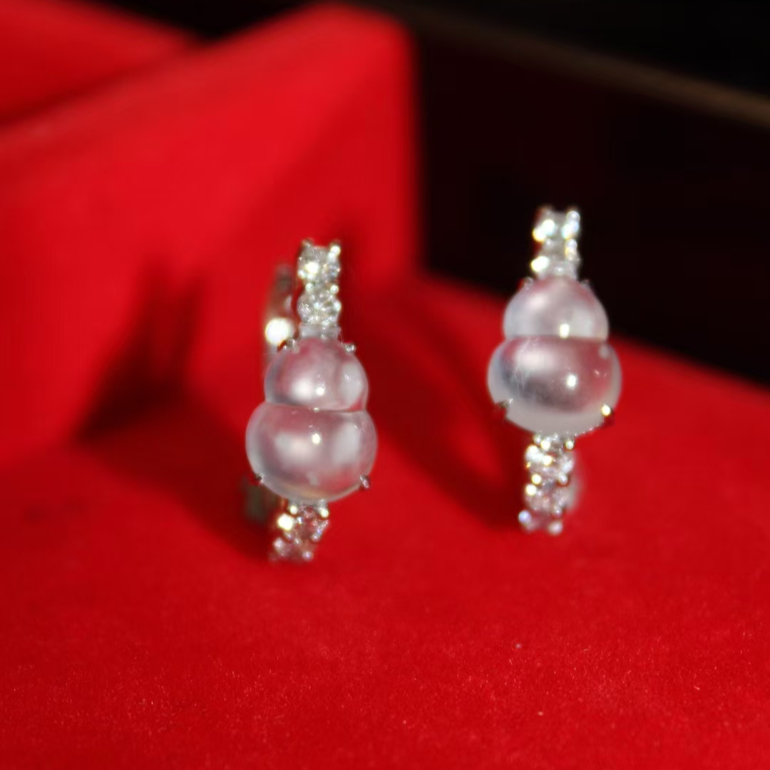 翡翠玻璃种雪花棉飘花葫芦耳扣精致小巧讨喜可人气质精美清纯