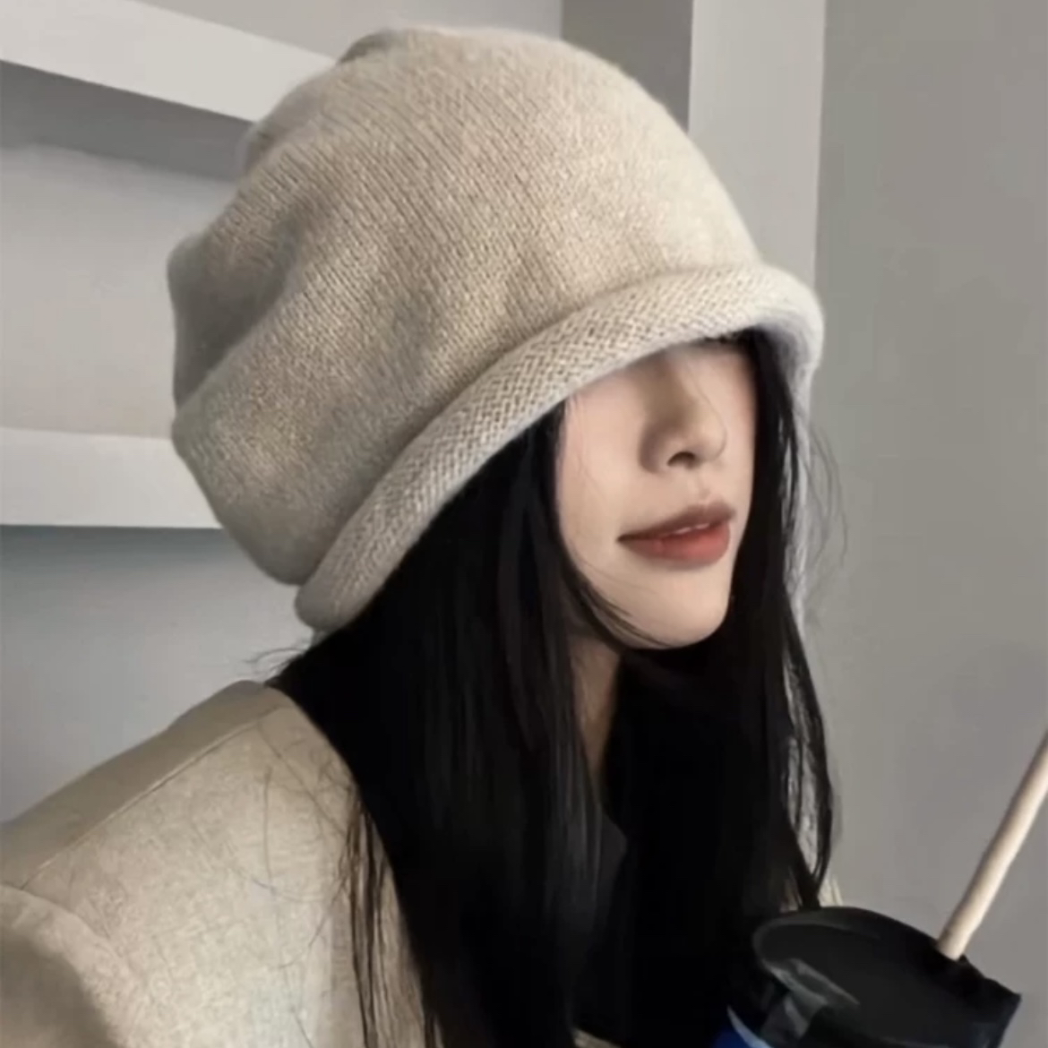 网红堆堆帽显脸小包头帽冷帽大头围护耳抽绳卷边针织毛线帽中学生