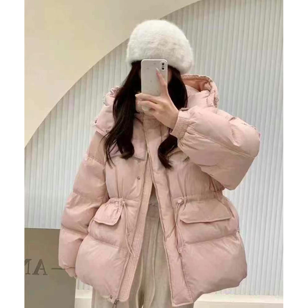 冬季加厚显瘦显高外套时尚休闲宽松百搭上衣连帽抽绳保暖收腰网红