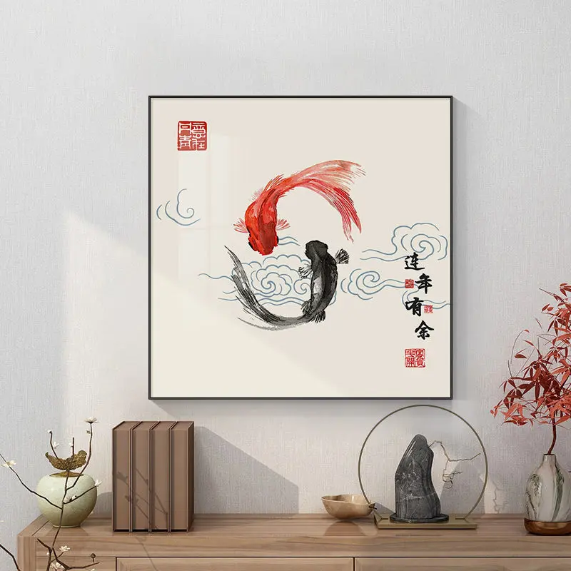 年年有鱼新中式九鱼图餐厅装饰画中国风墙面壁画入户玄关寓意挂画