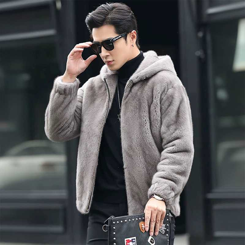 貂皮大衣男整貂进口天鹅绒连帽水貂毛外套时尚潮流冬季