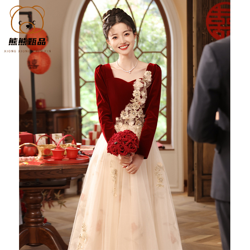 敬酒服新娘双12新款订婚晚礼服女连衣裙结婚酒红色回门便装裙mdd