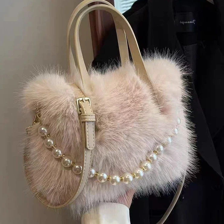 毛茸茸手提包2024新款时尚毛绒包小方包可爱女斜挎包通勤包单肩包