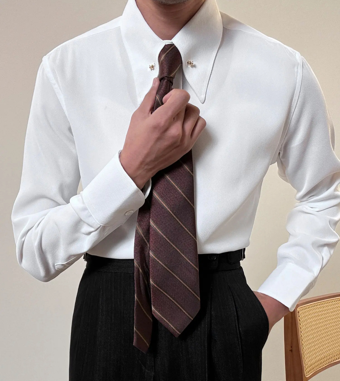 意式帝国领长袖白色衬衫男士商务正装绅士大尖领修身衬衣