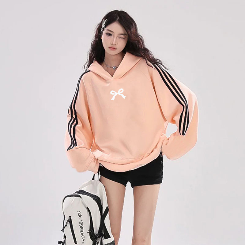 网红同款复古970秋冬三条织带拼色连帽衫加绒女宽松慵懒风百搭ins