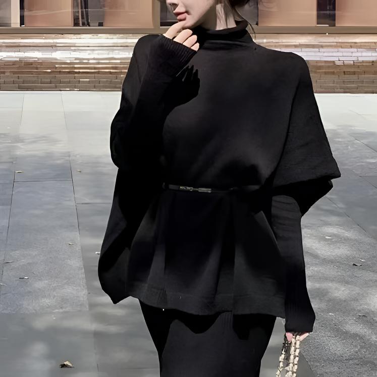 赫本风披肩气质秋冬斗篷两件套套装带腰带随性慵懒优雅黑色