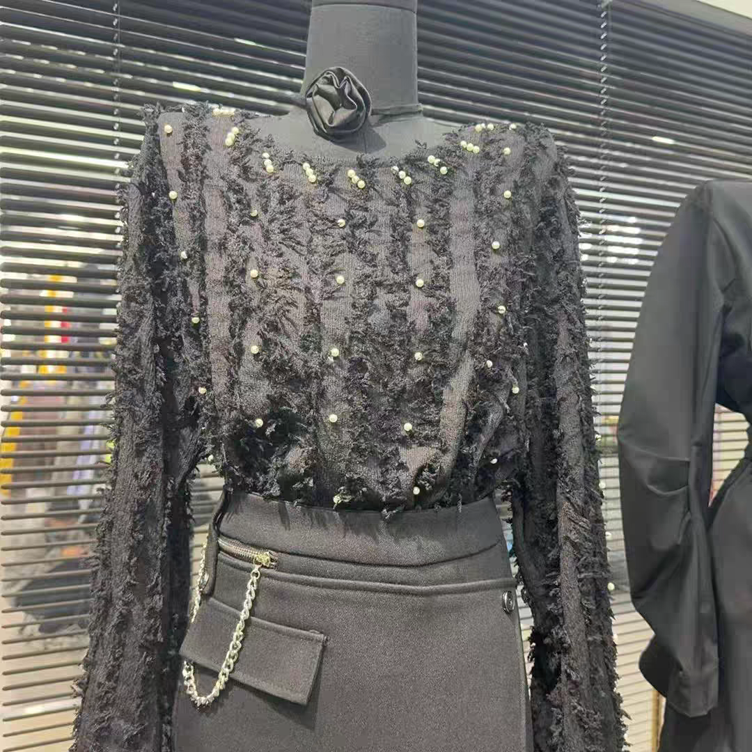 小香风法式钉珠重工圆领小衫气质长袖百搭时尚秋冬套头