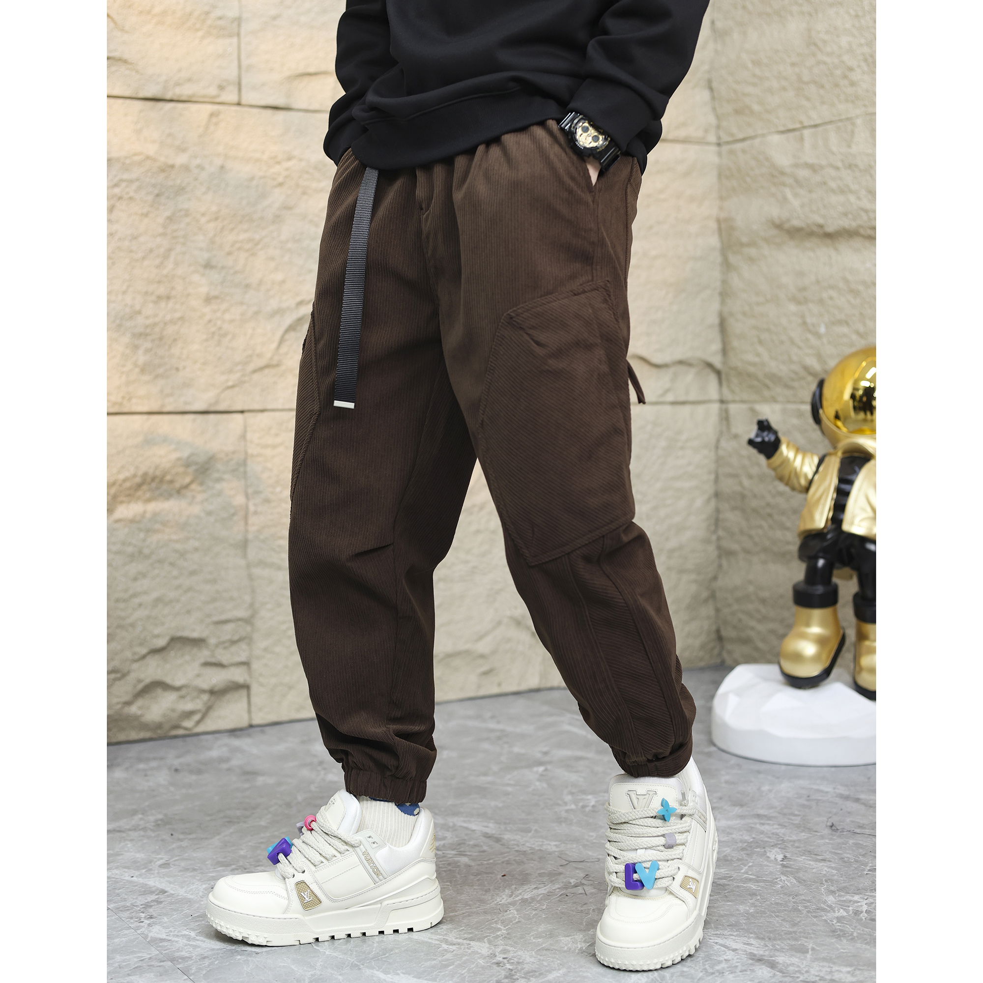 秋冬美式新款百搭纯色重磅加绒加厚灯芯绒束脚工装裤男士简约长裤