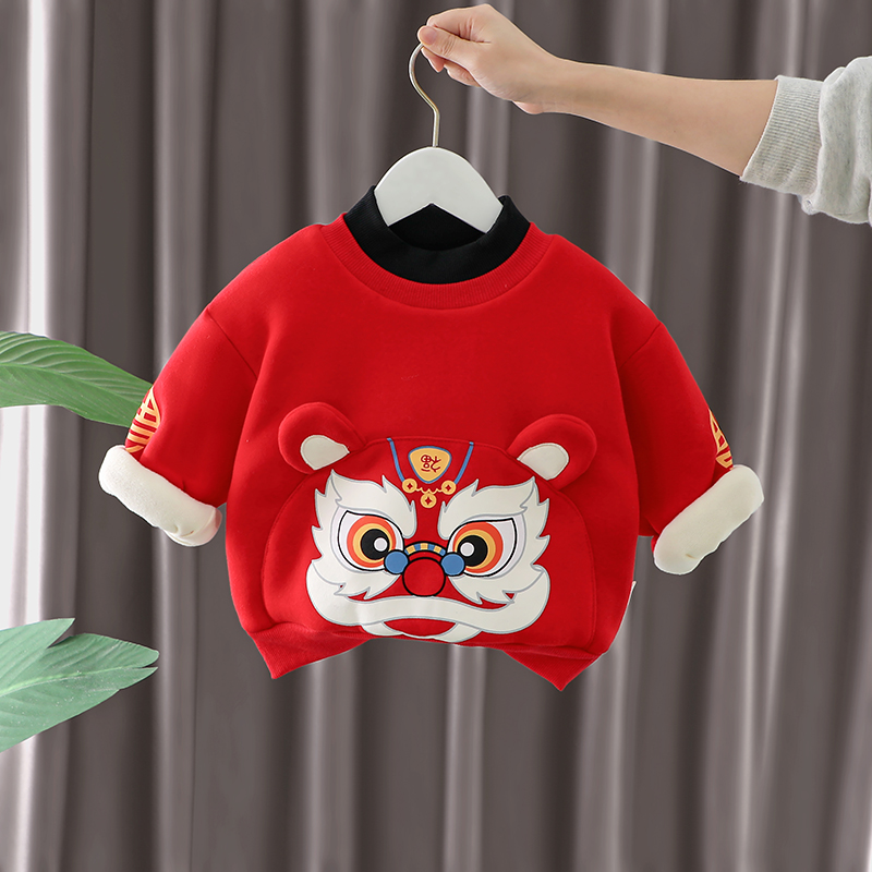 宝宝加厚拜年服儿童红色卫衣男女童中国风喜庆上衣婴幼儿冬季衣服