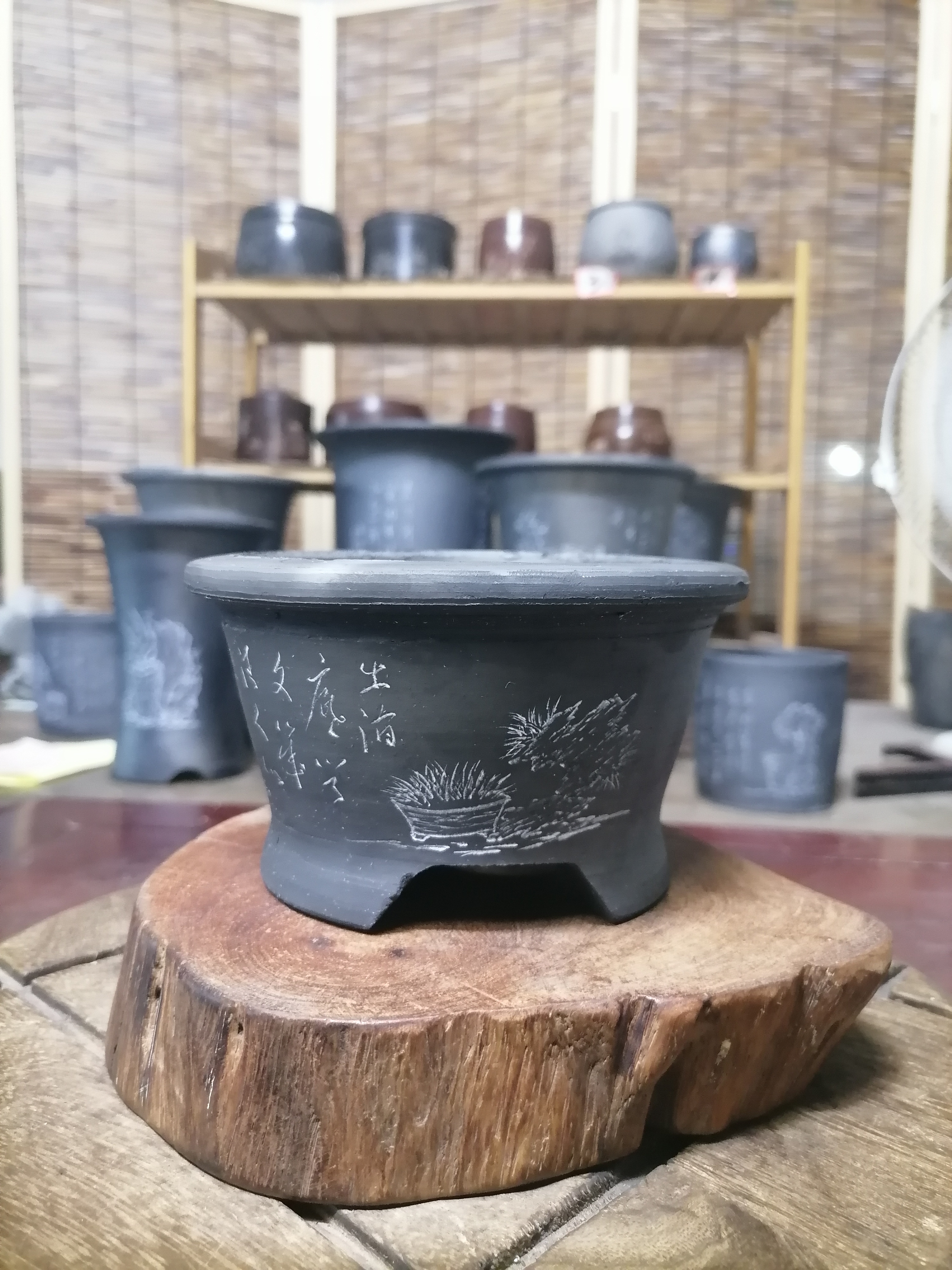 高8直径12厘米黑陶瓦盆小菖蒲盆景盆手工镌刻熟刻