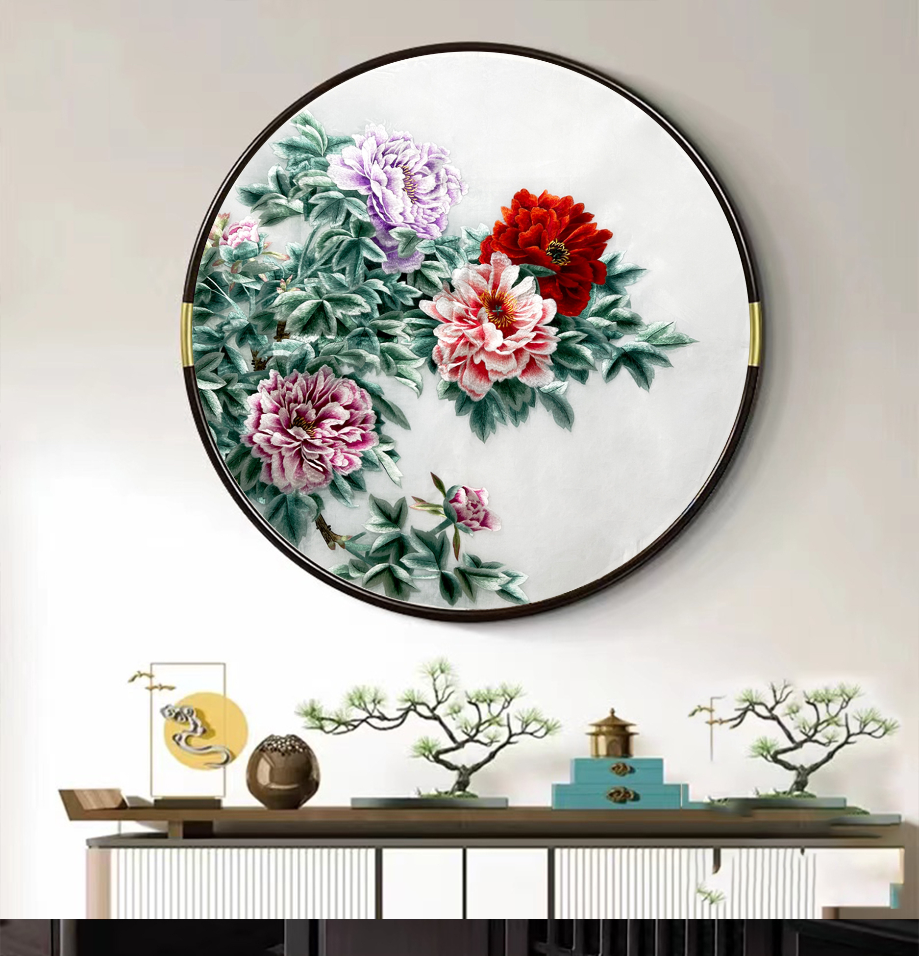 《五色牡丹》纯手工苏绣成品实木外框防潮隔板