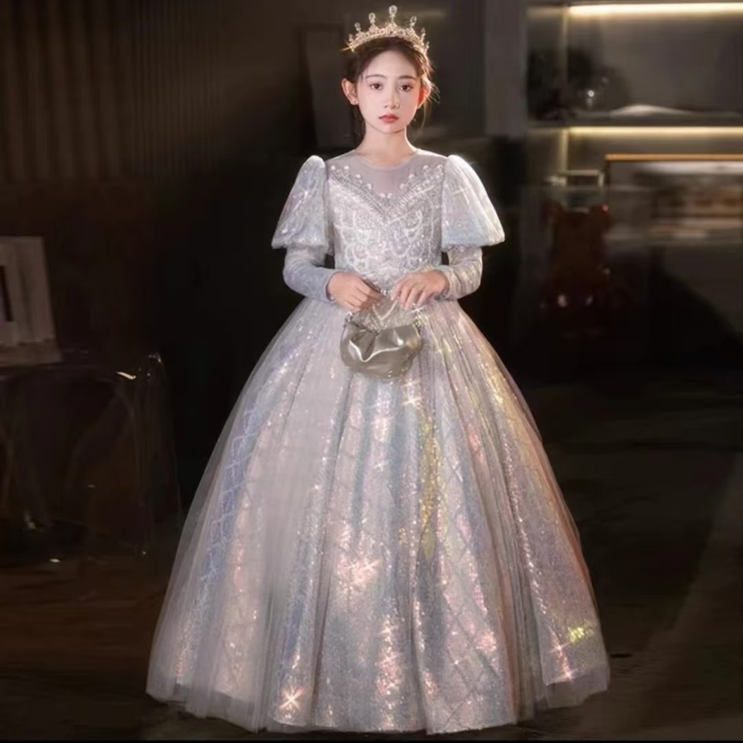 【半糖雪儿】【玖月】长袖长款女童主持人演出服儿童公主裙菱形亮片