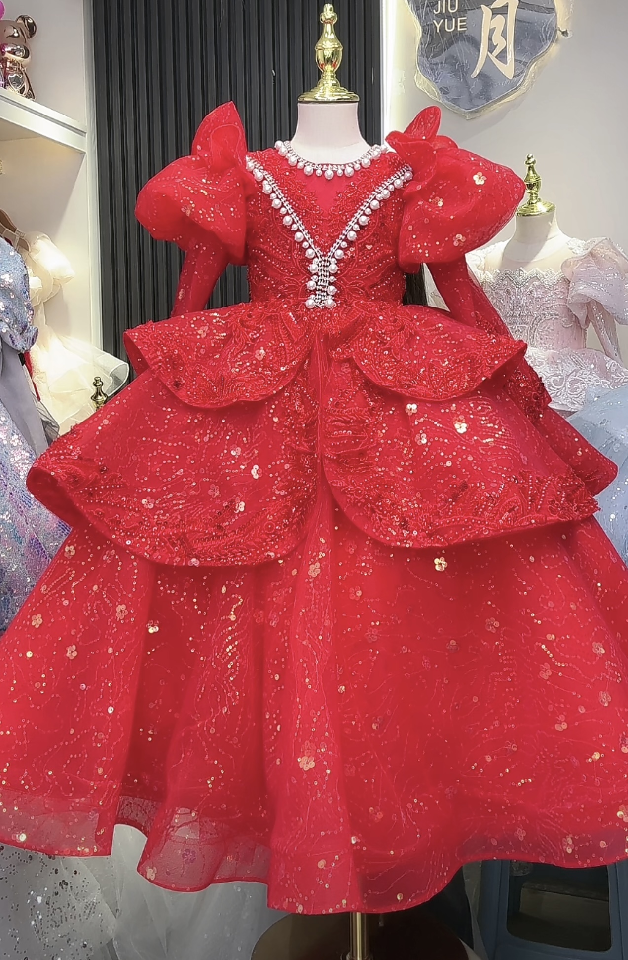 【星红之月】【玖月】长款红色女童主持人晚礼服钢琴演出服宝宝公主裙