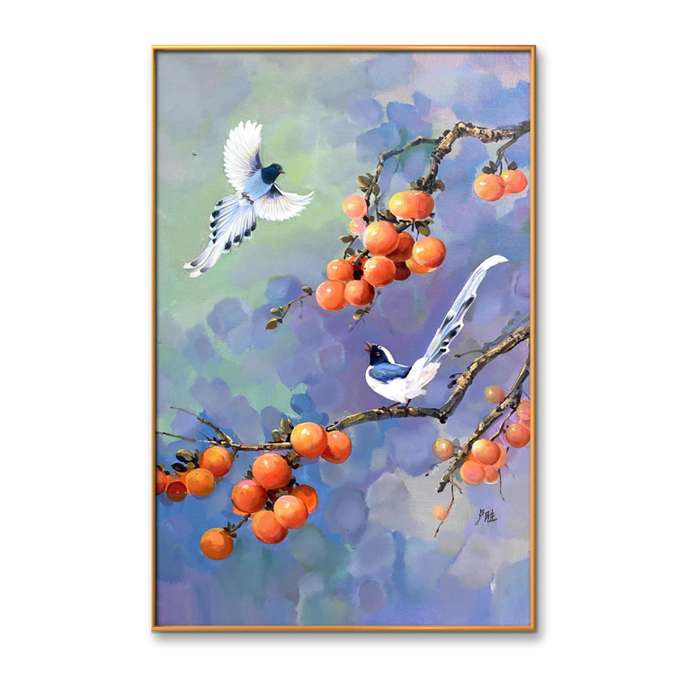 手绘油画喜上枝头事事如意餐厅茶室卧室挂画装饰画玄关画