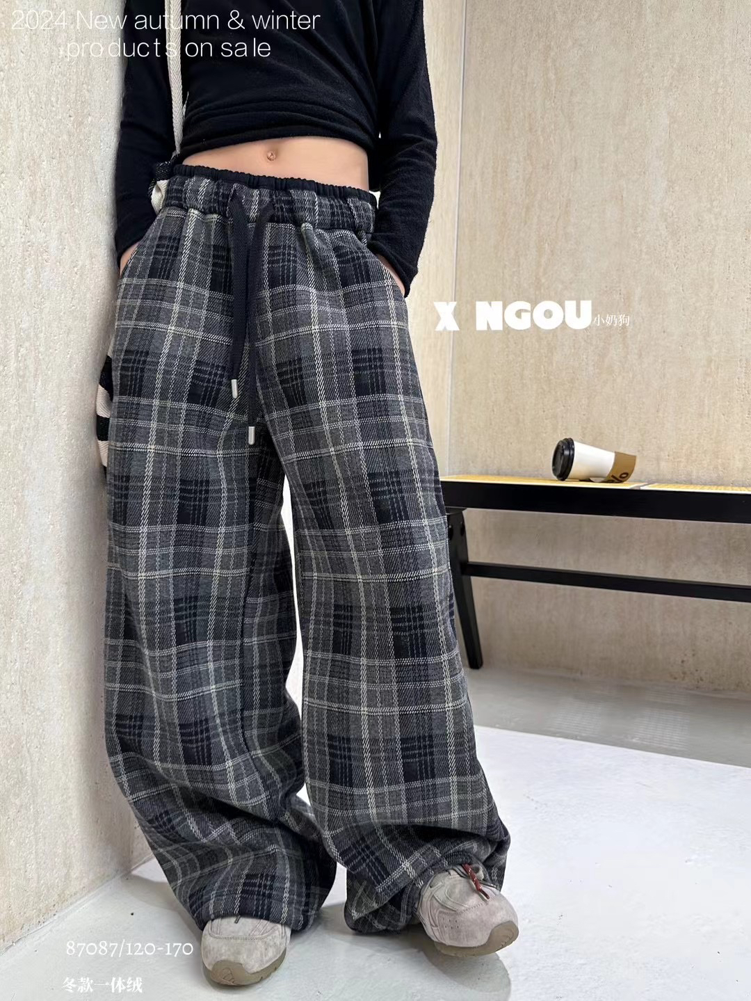 冬季新款儿童一体绒休闲格子裤直筒裤