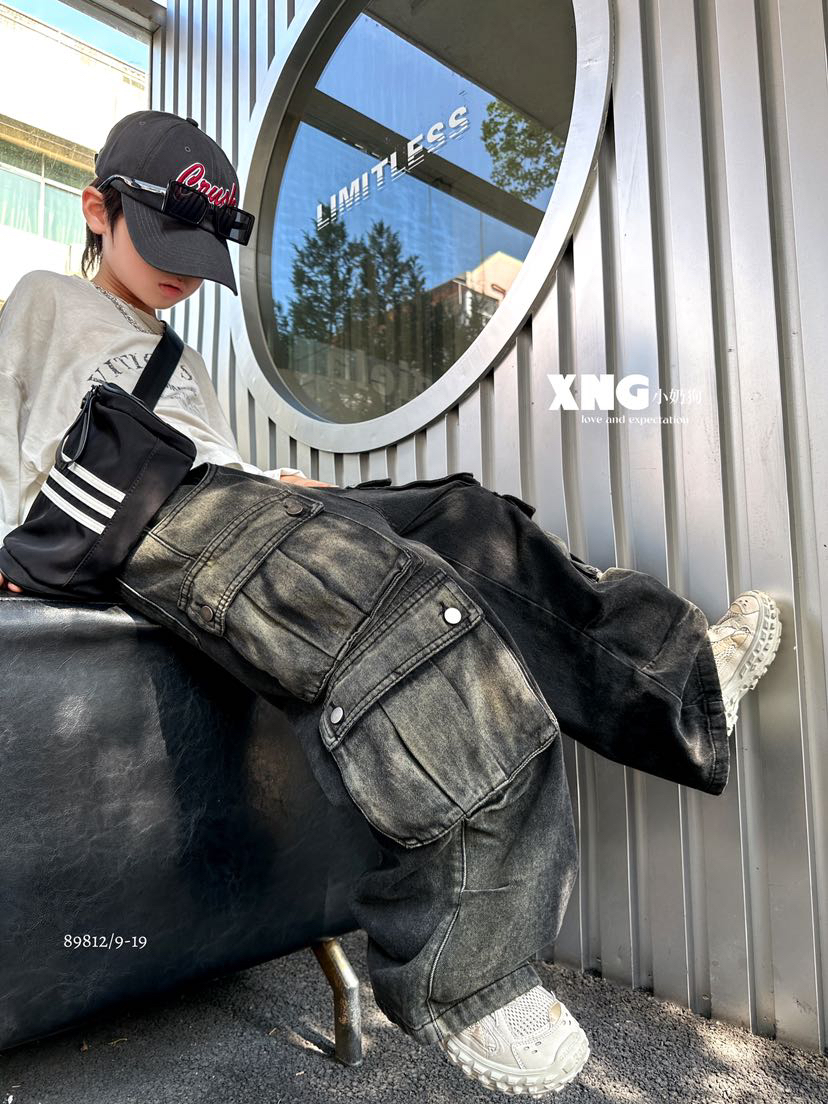 新款渐变休闲工装牛仔长裤男女孩中性牛仔长裤