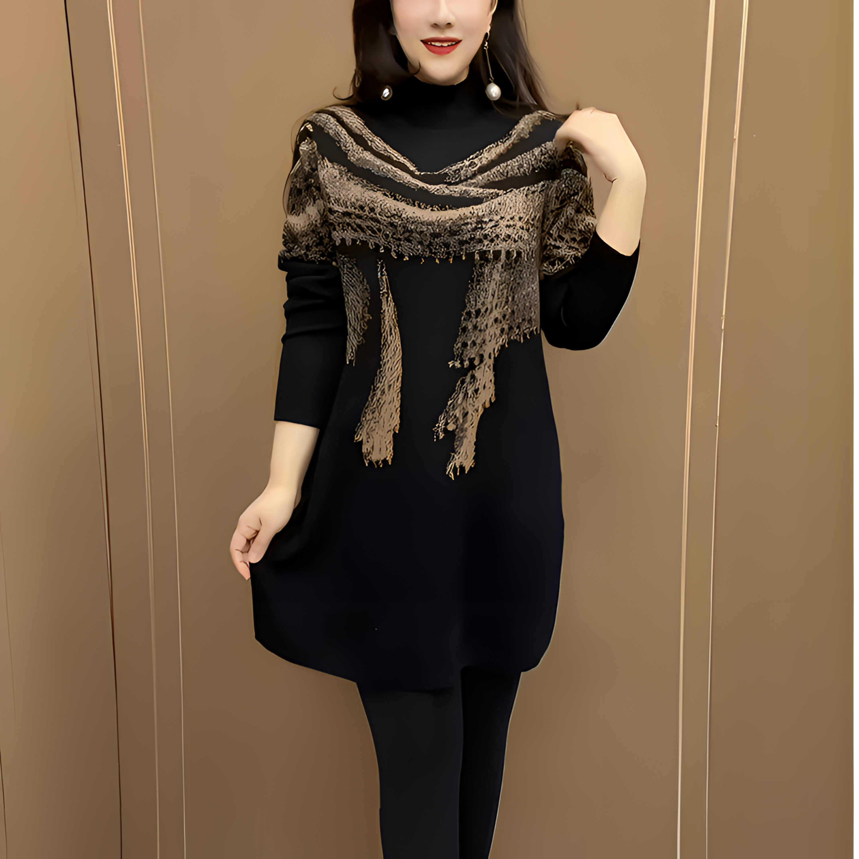 高档设计印花妈妈针织衫冬季新款高档保暖中长款毛衣