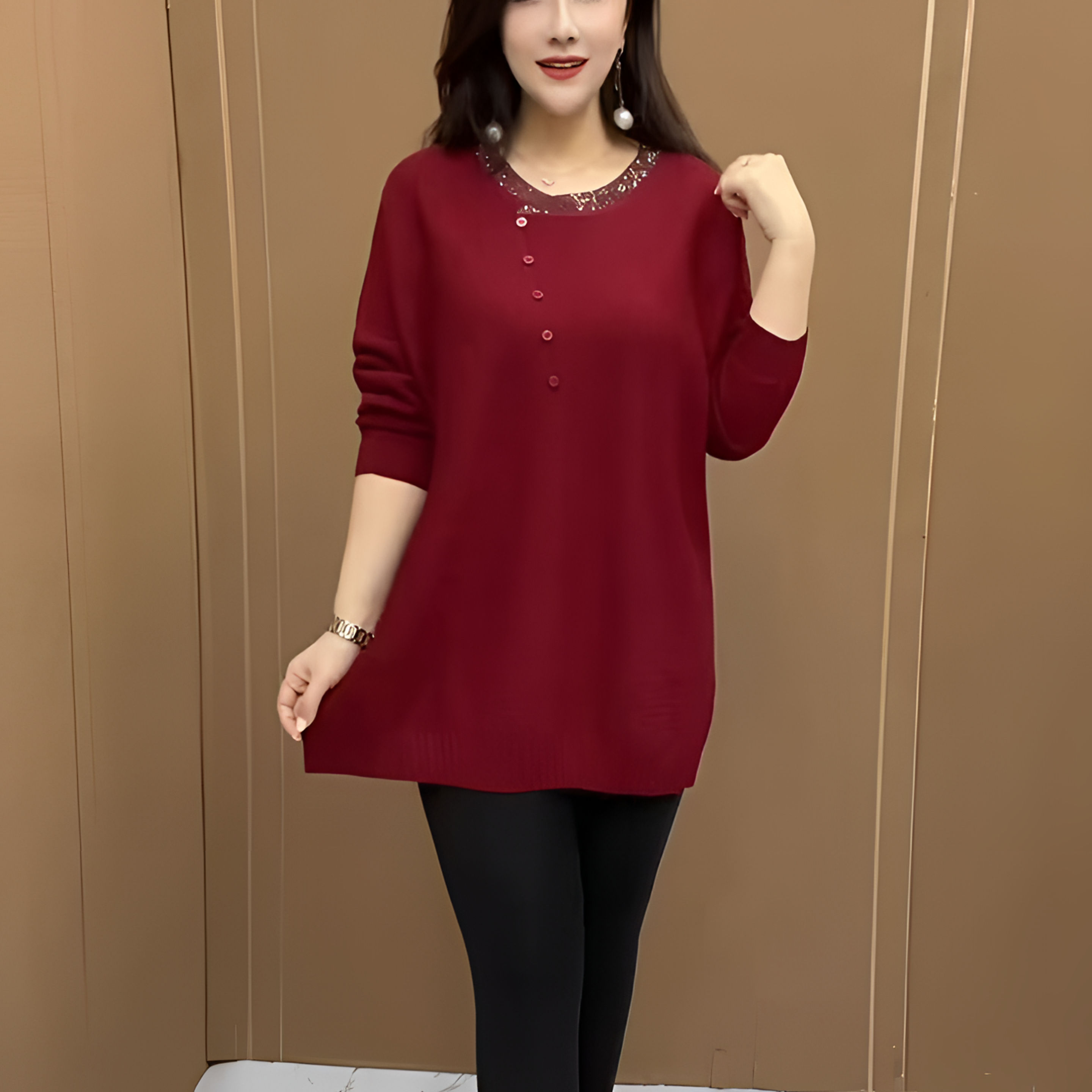 时尚妈妈高档烫钻中长款毛衣女冬季新款洋气宽松加厚针织打底衫