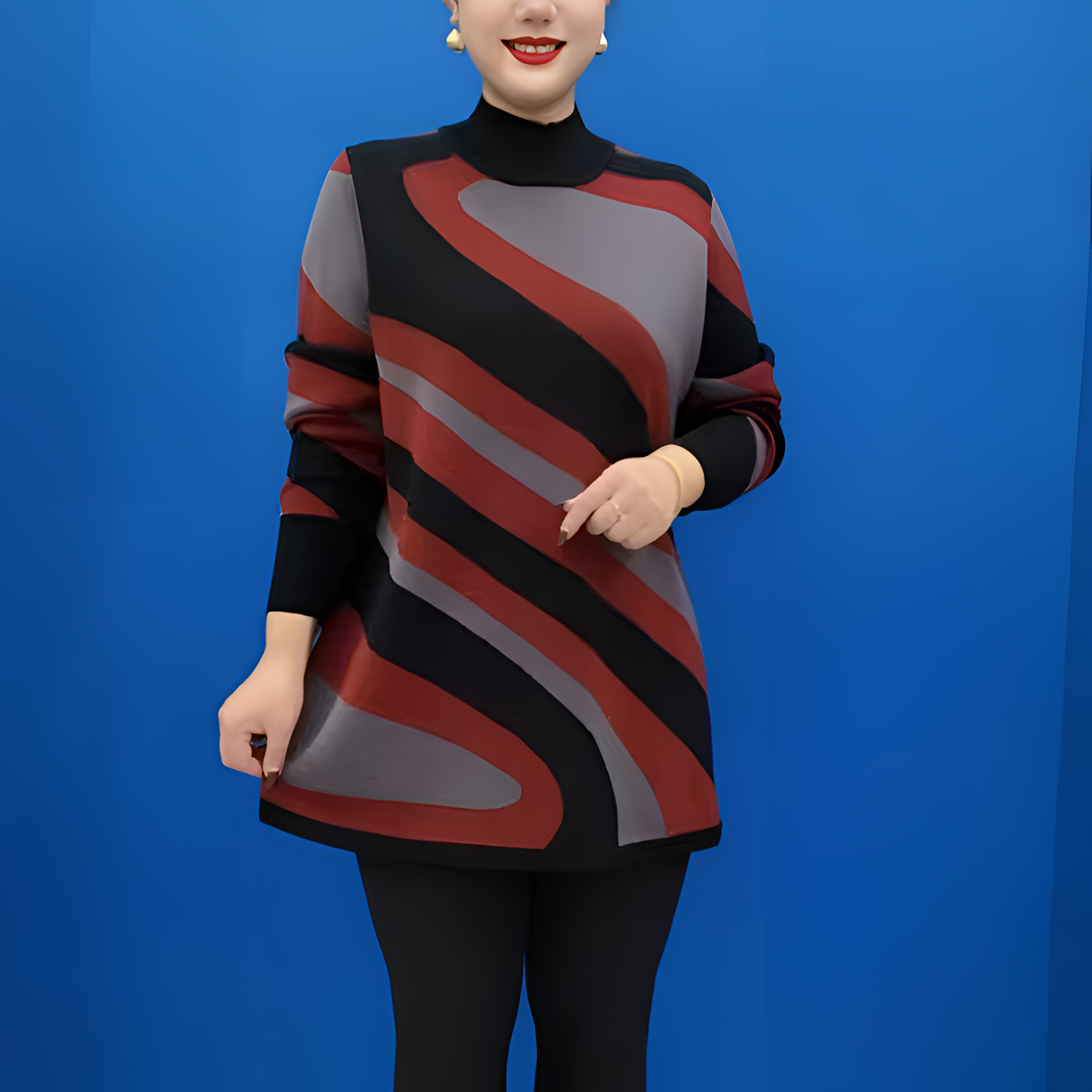 时髦潮流中年妈妈撞色加厚毛衣2025冬新款时尚女士中长款半高领衫