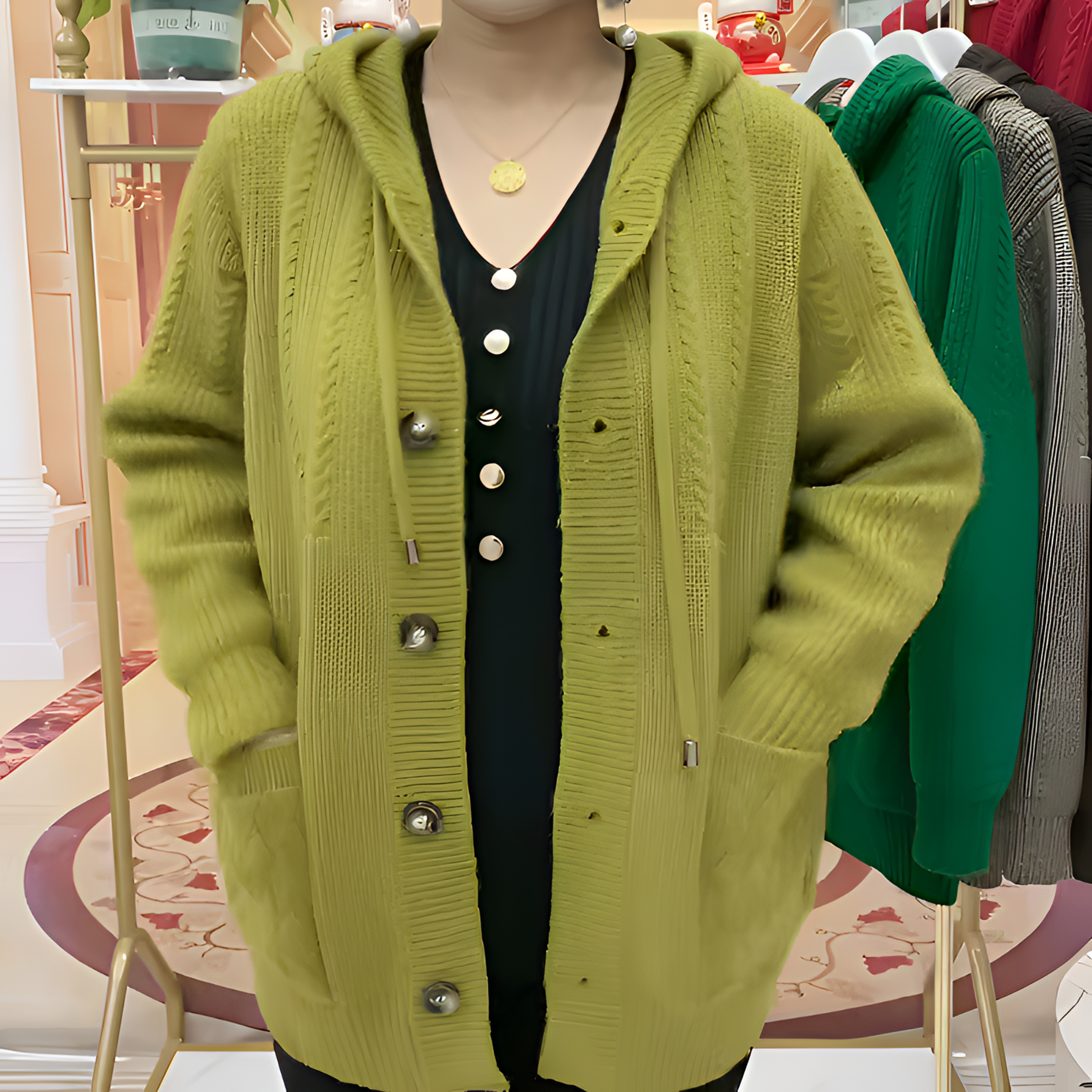 冬季加厚保暖毛衣外套时尚妈妈简约宽松休闲百搭拼接口袋连帽上衣