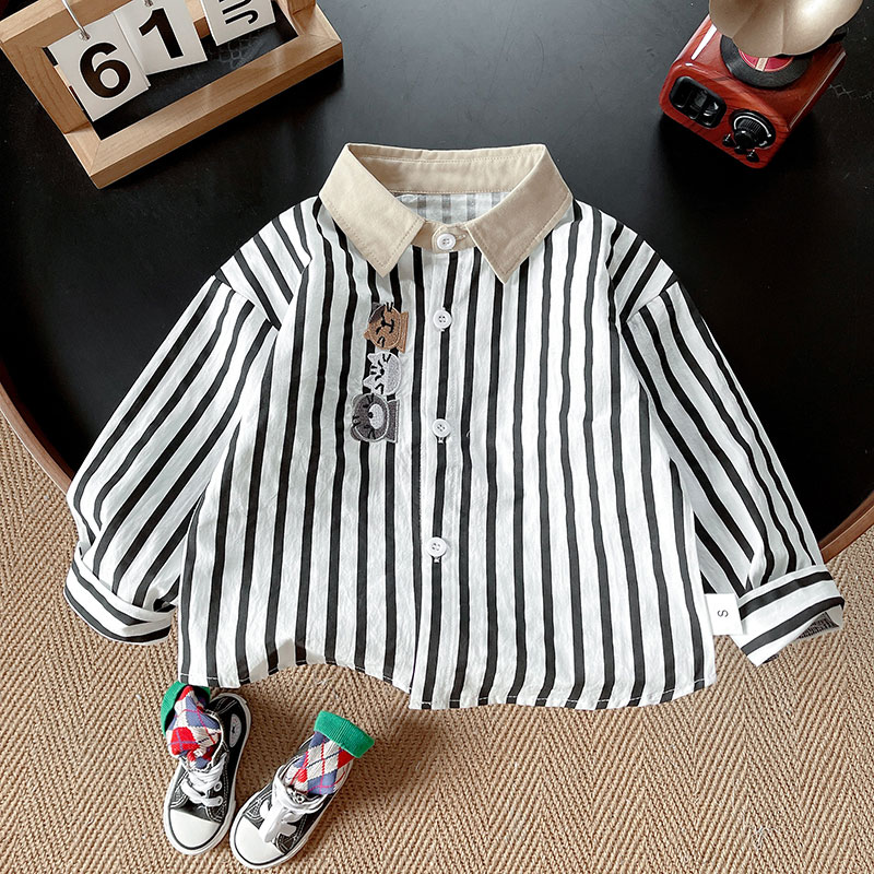 春秋季男童衬衫小童儿童休闲洋气韩版翻领条纹长袖帅气男宝宝秋款