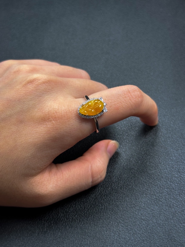 天然翡翠a货种水满黄翡树叶叶子戒指配饰S925银镶嵌气质女士160