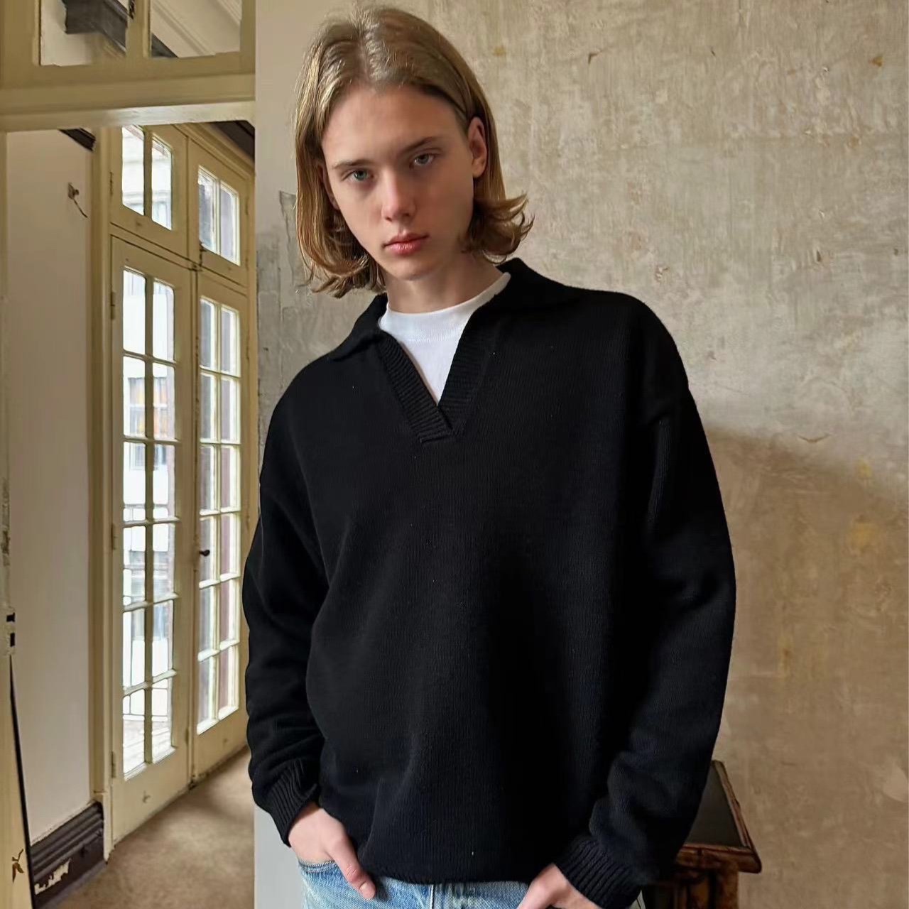 RETRO ADDICT 100%羊毛新贵老钱风V领套头毛衣 加厚平针丝光处理