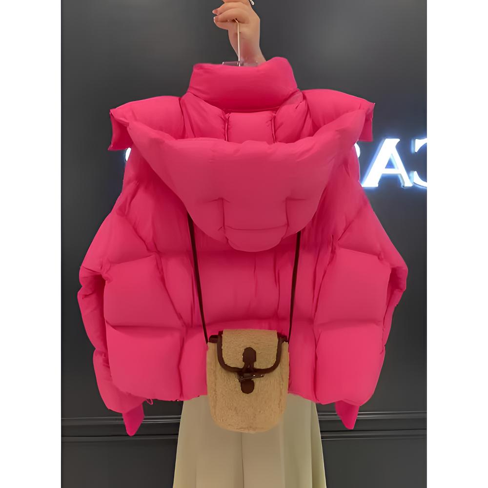 今年流行漂亮火龙果色连帽时尚棉服棉衣女2025秋冬季新款短款外套