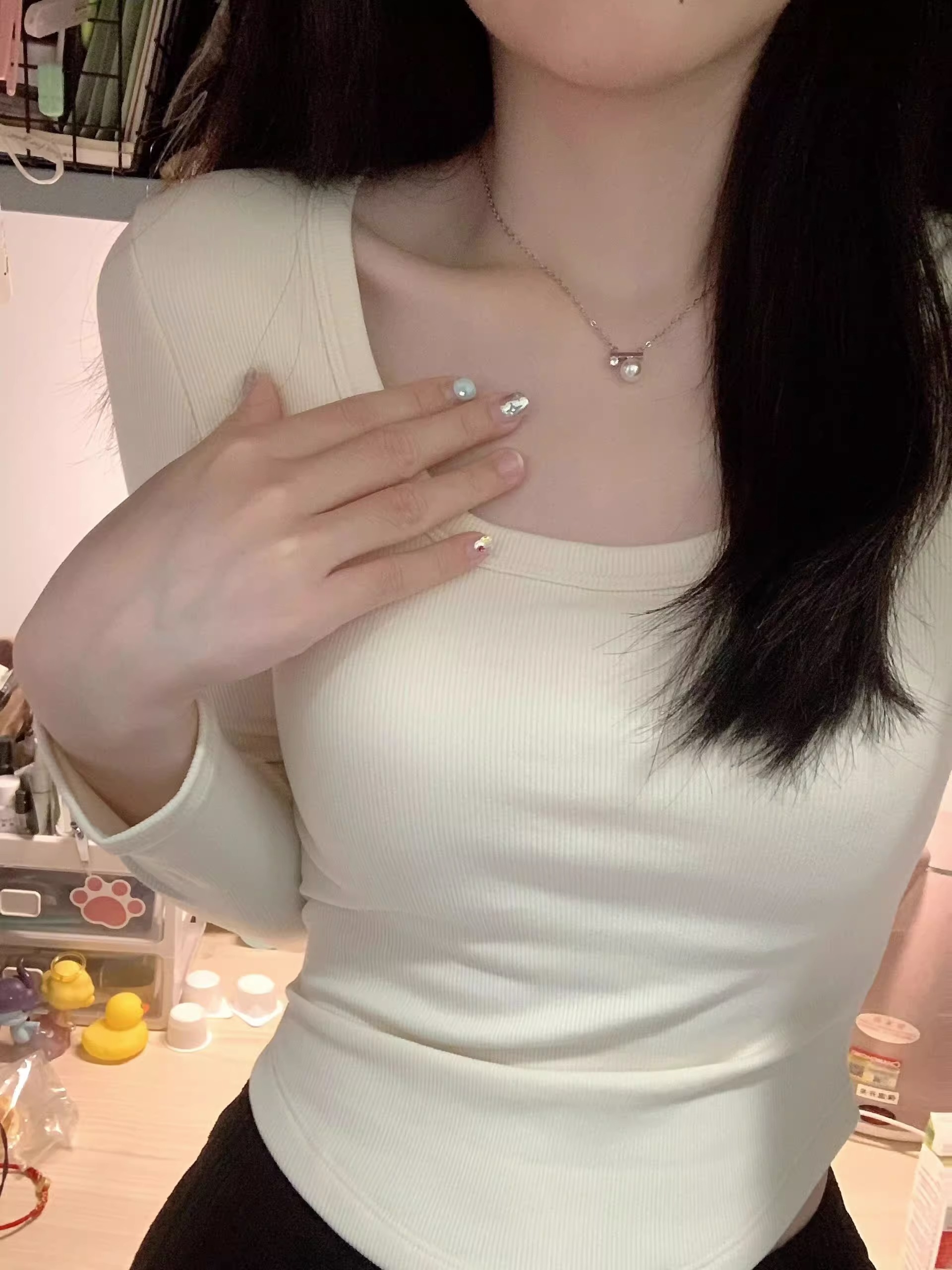 设计感小众方领德绒打底衫女秋冬内搭短款T恤百搭保暖修身上衣女