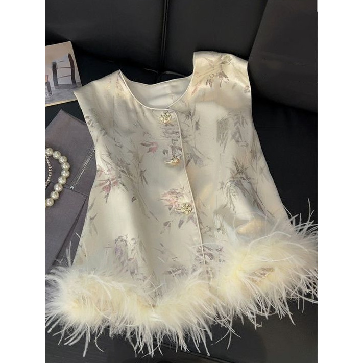 新中式竹子提花马甲背心羽毛拼接高级感2024秋季新款气质国风上衣