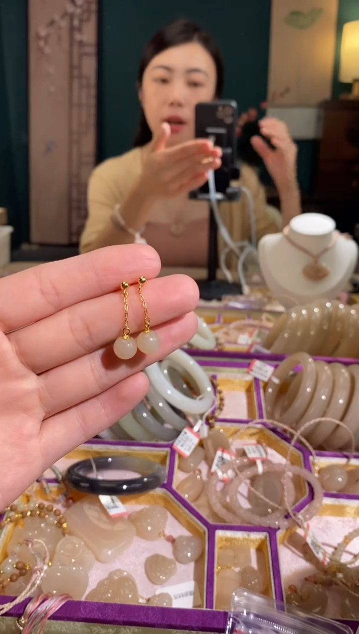 【闪购商品】和田玉耳饰银S925镀金镶嵌耳饰