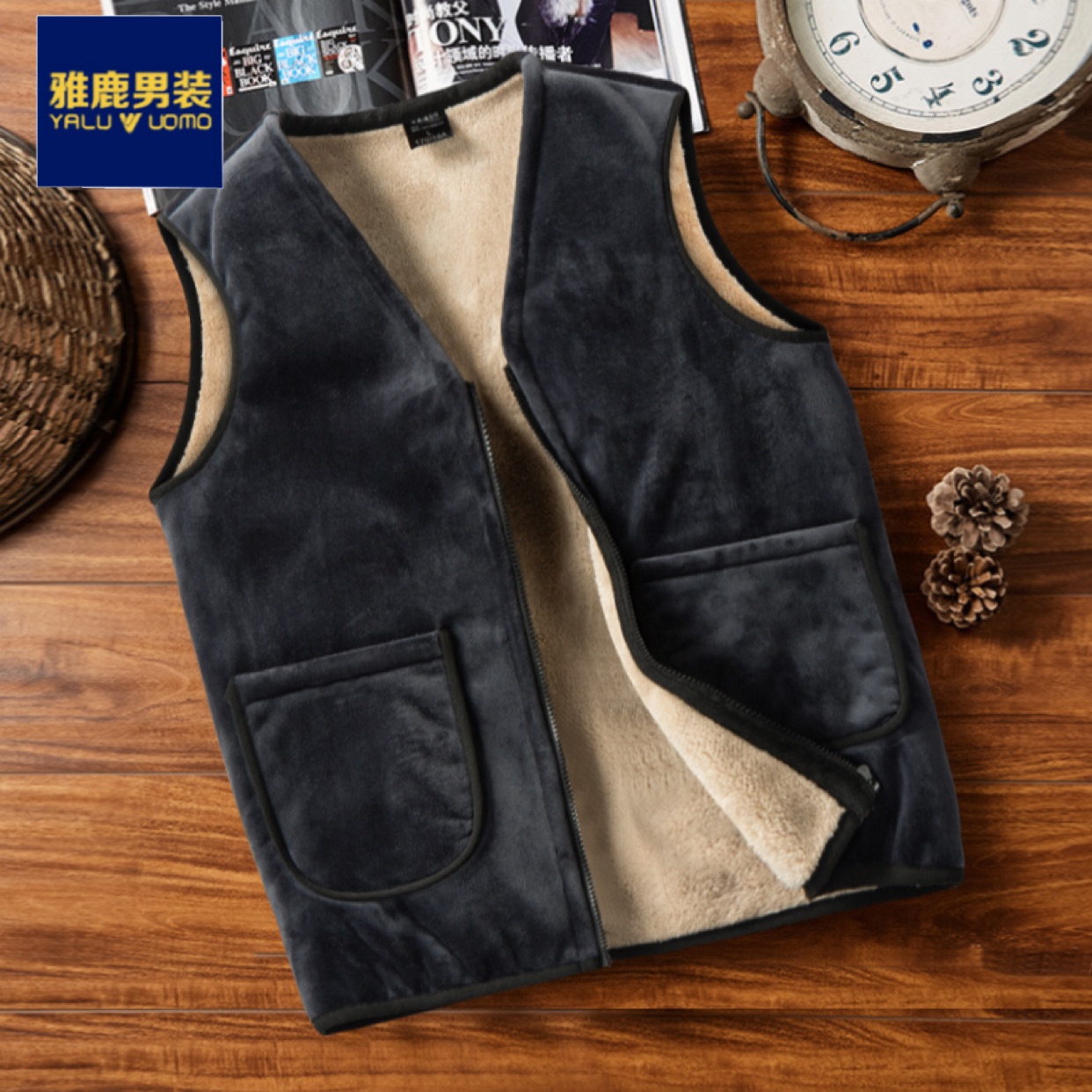 雅鹿男装中老年双面绒马甲秋冬加厚羊羔绒背心爸爸保暖坎肩大码