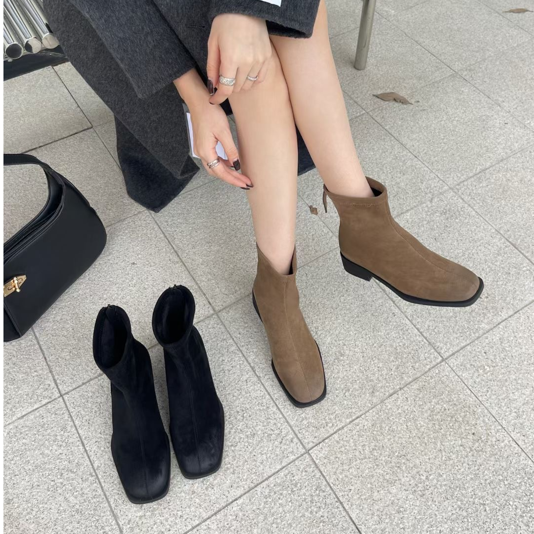 方头复古后拉链短靴女2024秋冬新款粗跟洋气瘦瘦靴 JCL 23M626-2